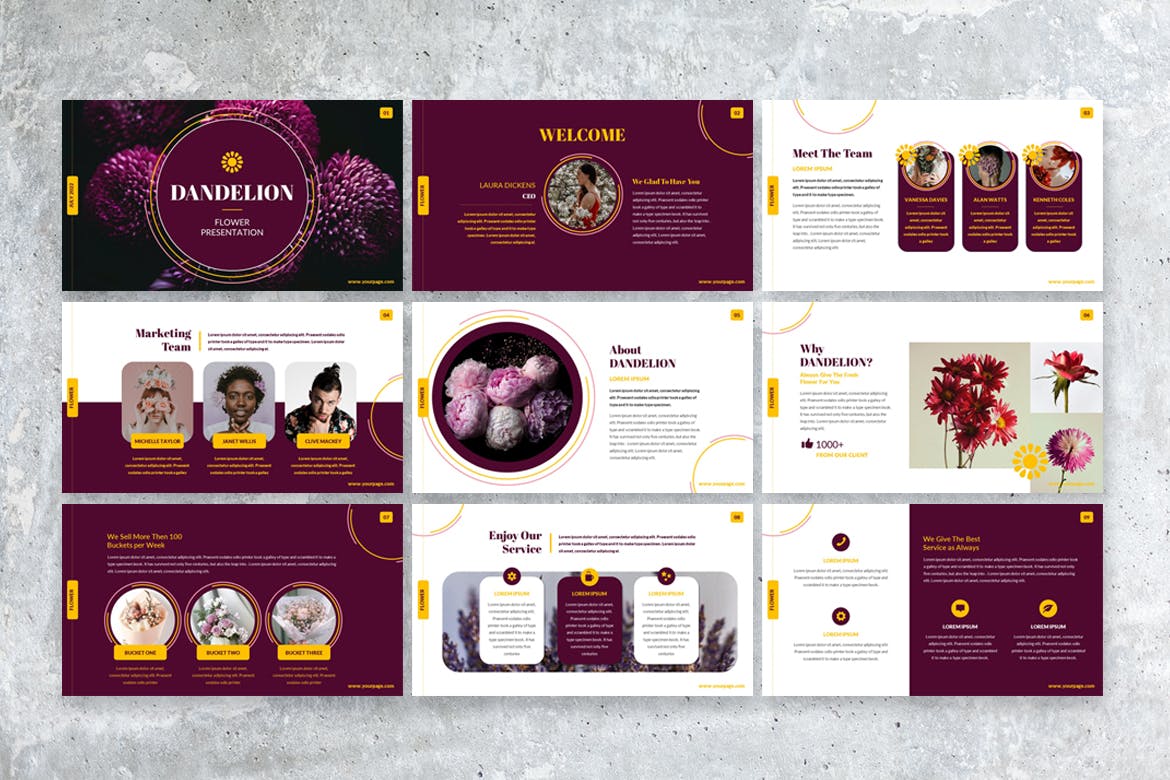A selection of images of unique presentation template slides on the theme of flowers.