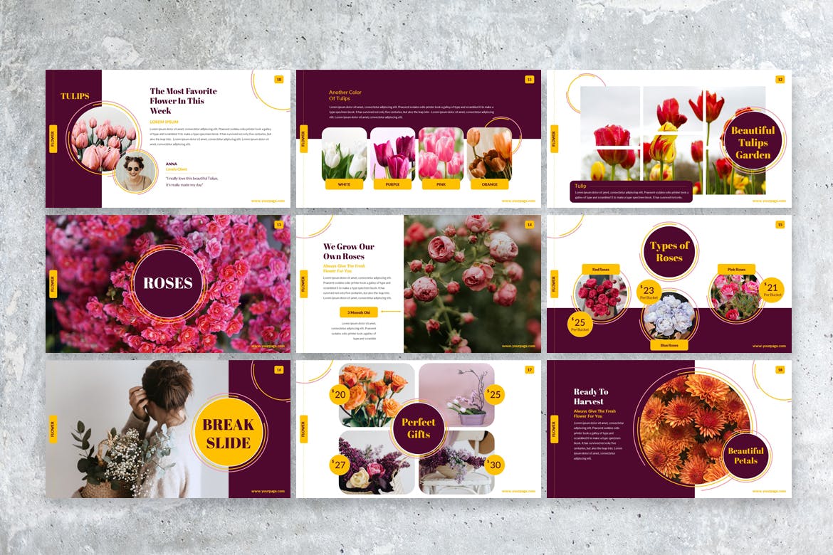 Set of images of adorable presentation template slides on the theme of flowers.