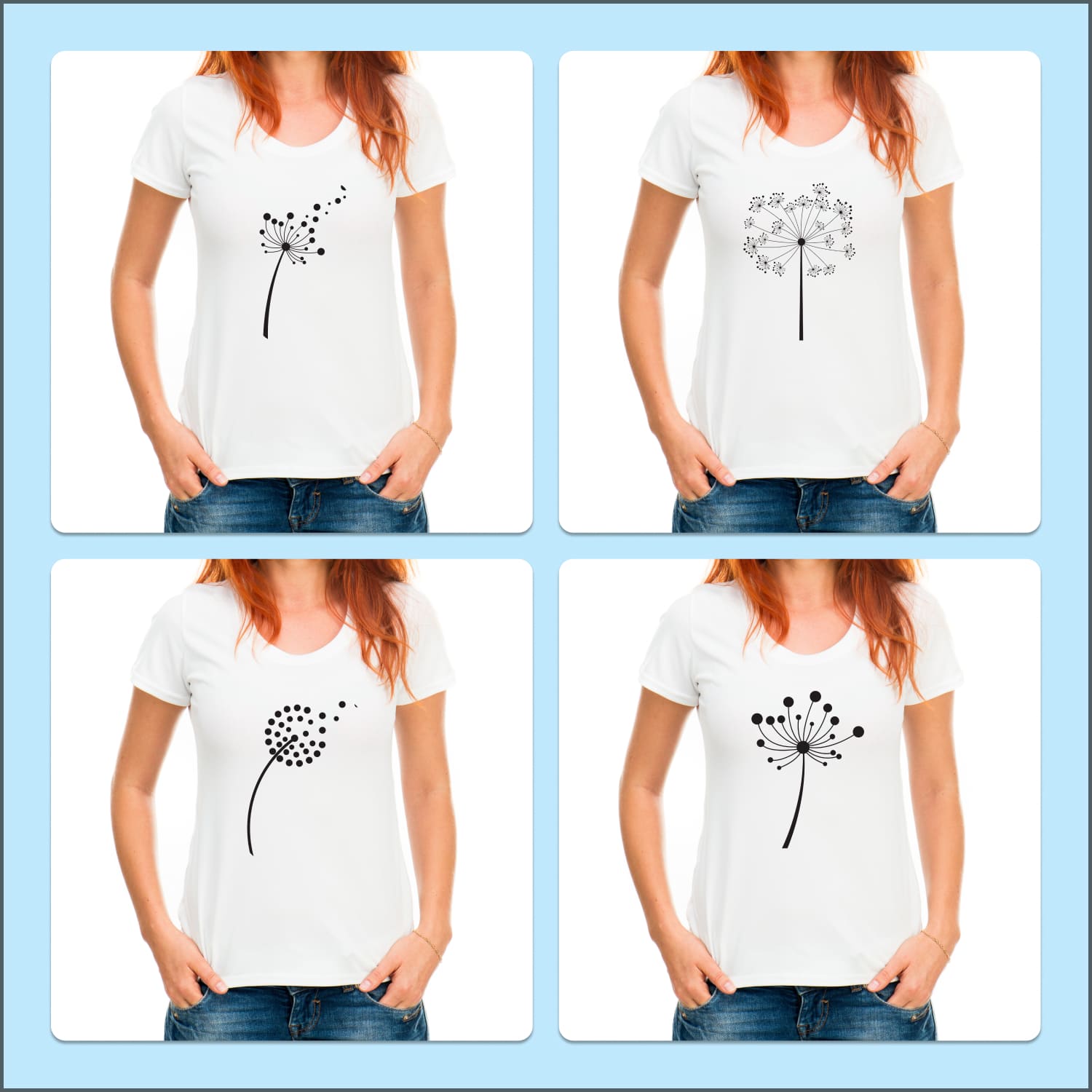 Set of t-shirt images with colorful dandelion prints.