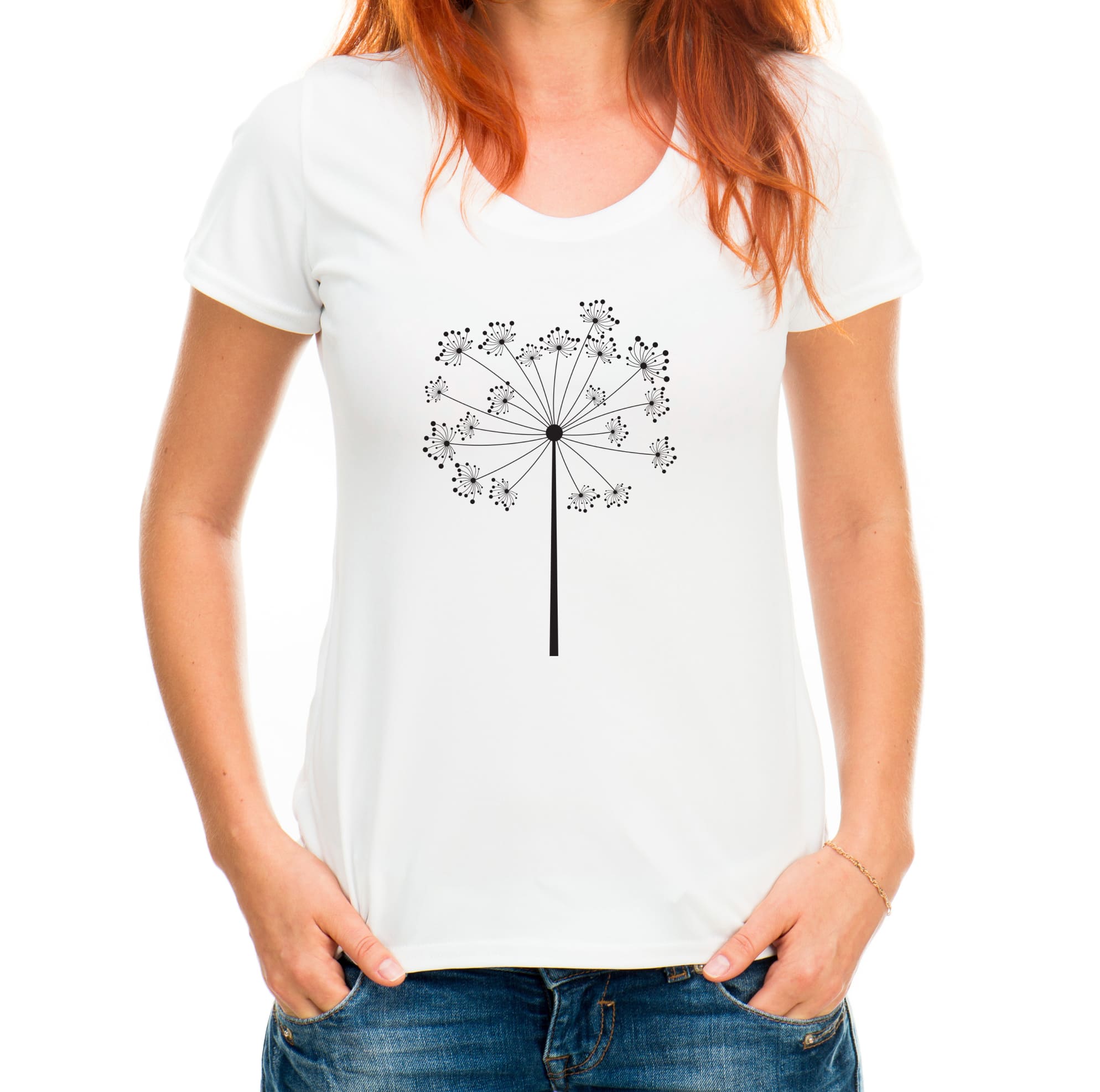 Image of a t-shirt with an elegant dandelion print.