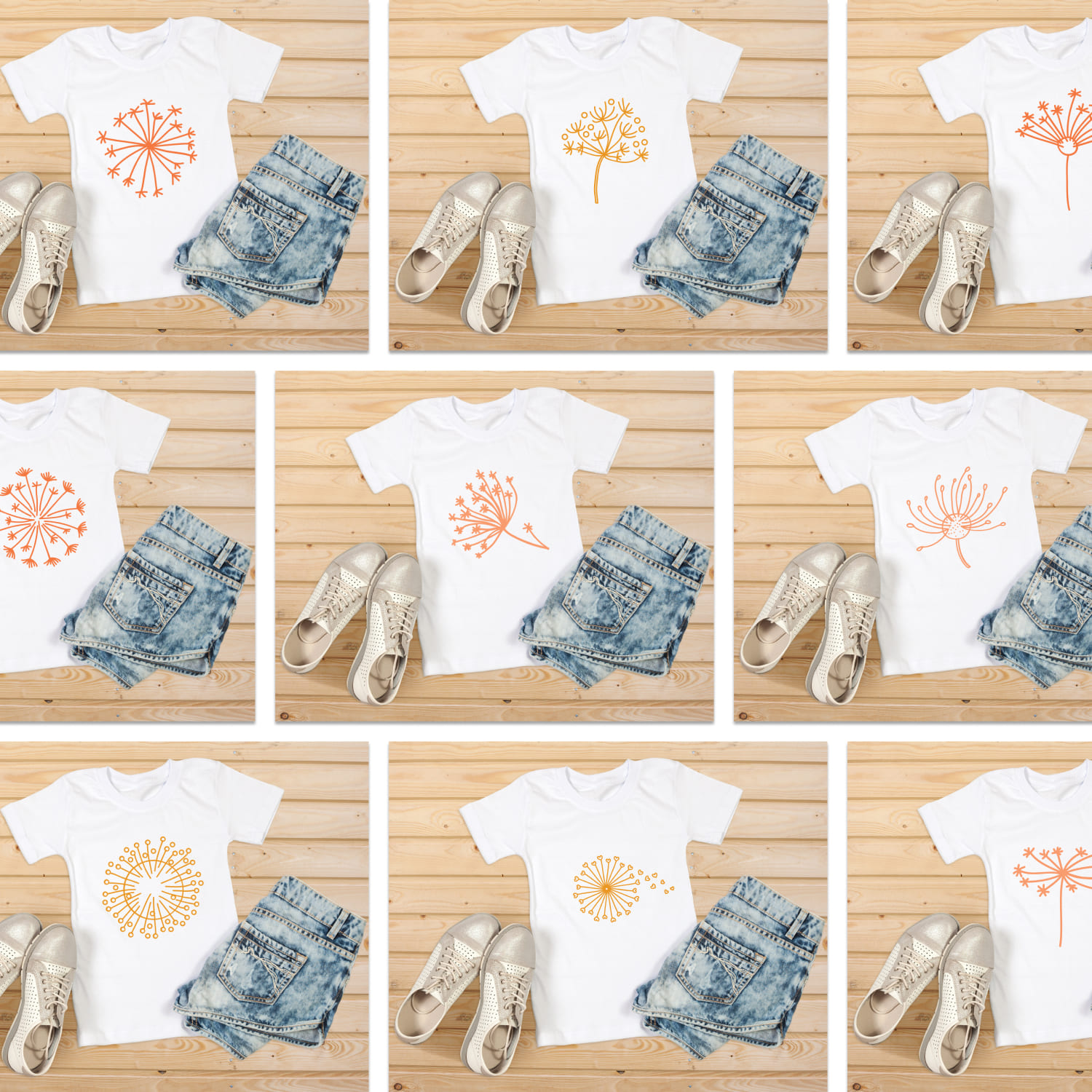 Bundle of images of t-shirts with adorable dandelion prints.
