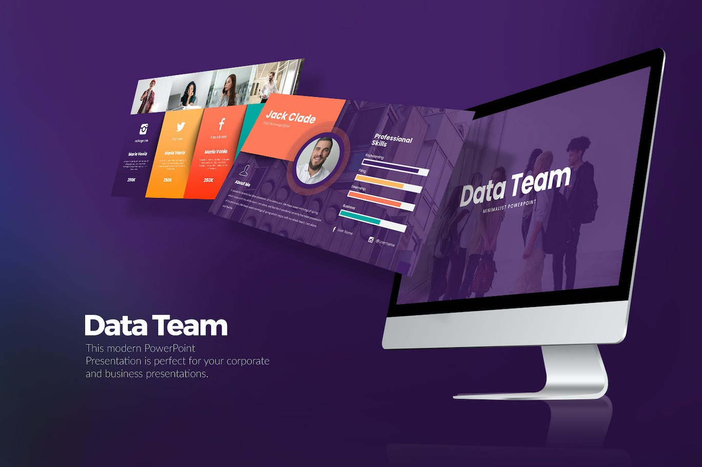 A collection of images of enchanting slides of the presentation template on the theme of the data team.