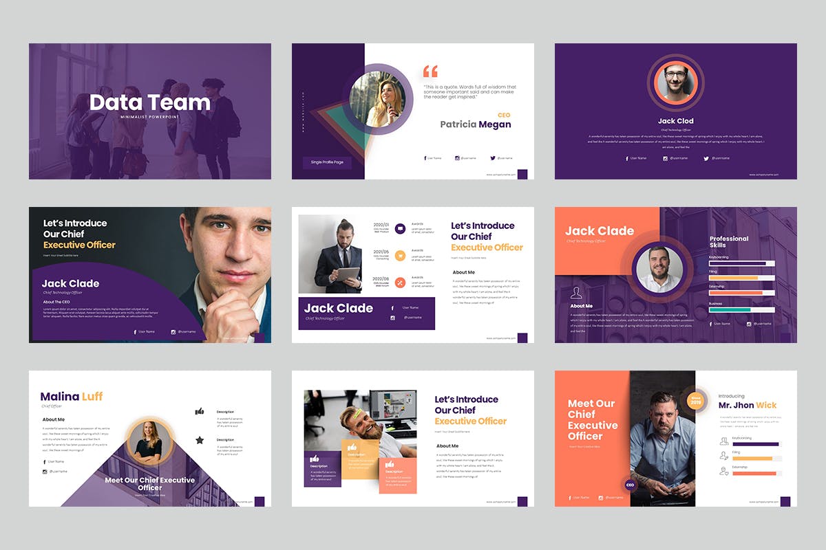 A set of images of irresistible slides presentation template on the theme of the data team.