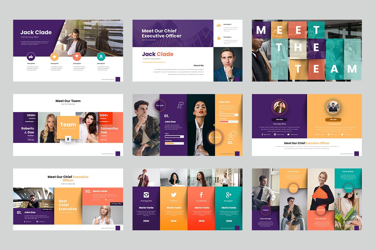 A selection of images of colorful presentation template slides on the theme of the data team.