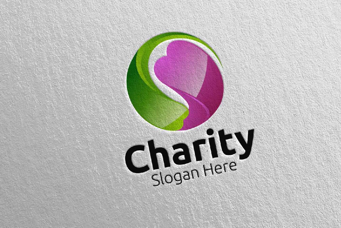 A green and purple 3D charity hand love logo and black lettering "Charity slogan here" on a gray background.