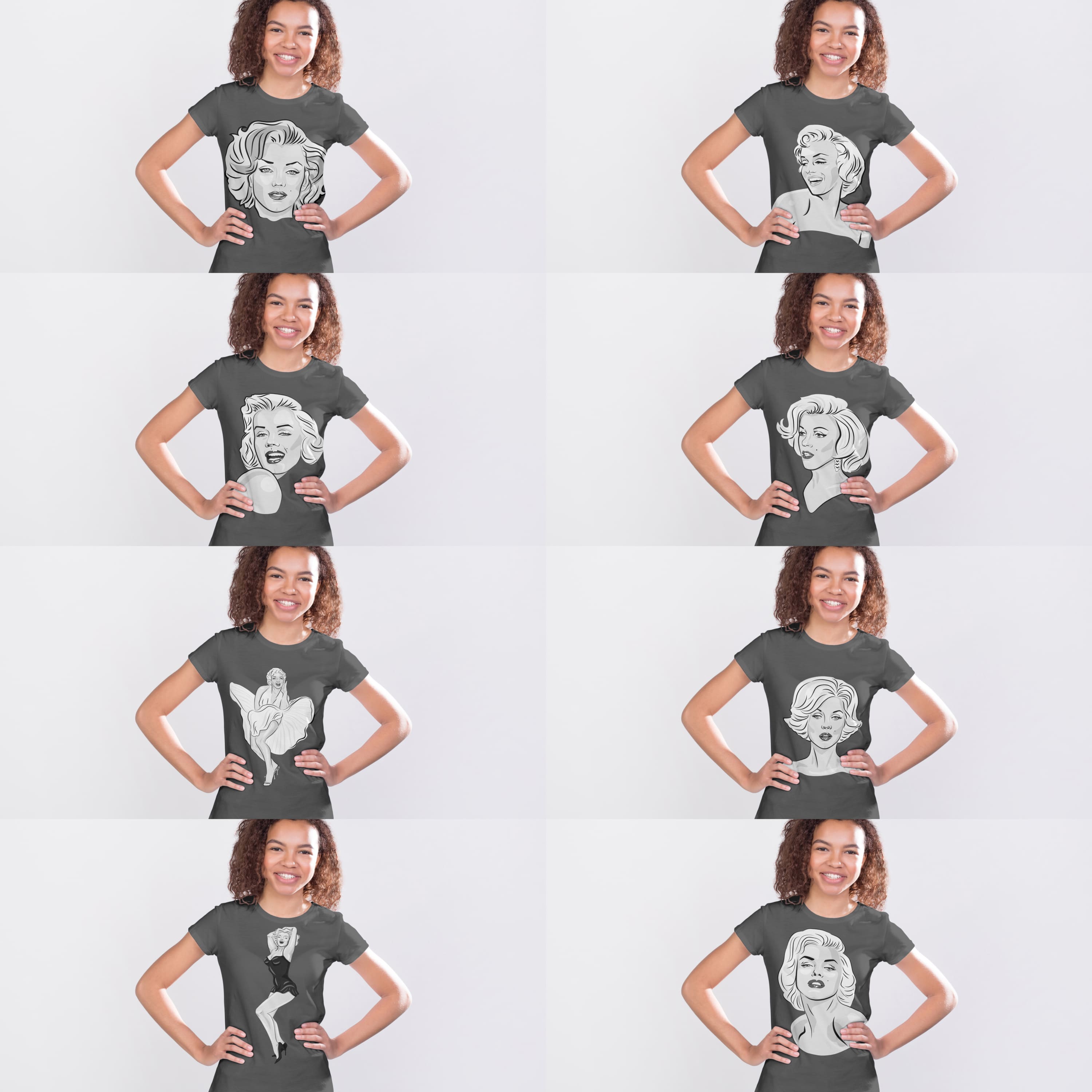 A set of images of T-shirts with gorgeous black and white Marilyn Monroe print.