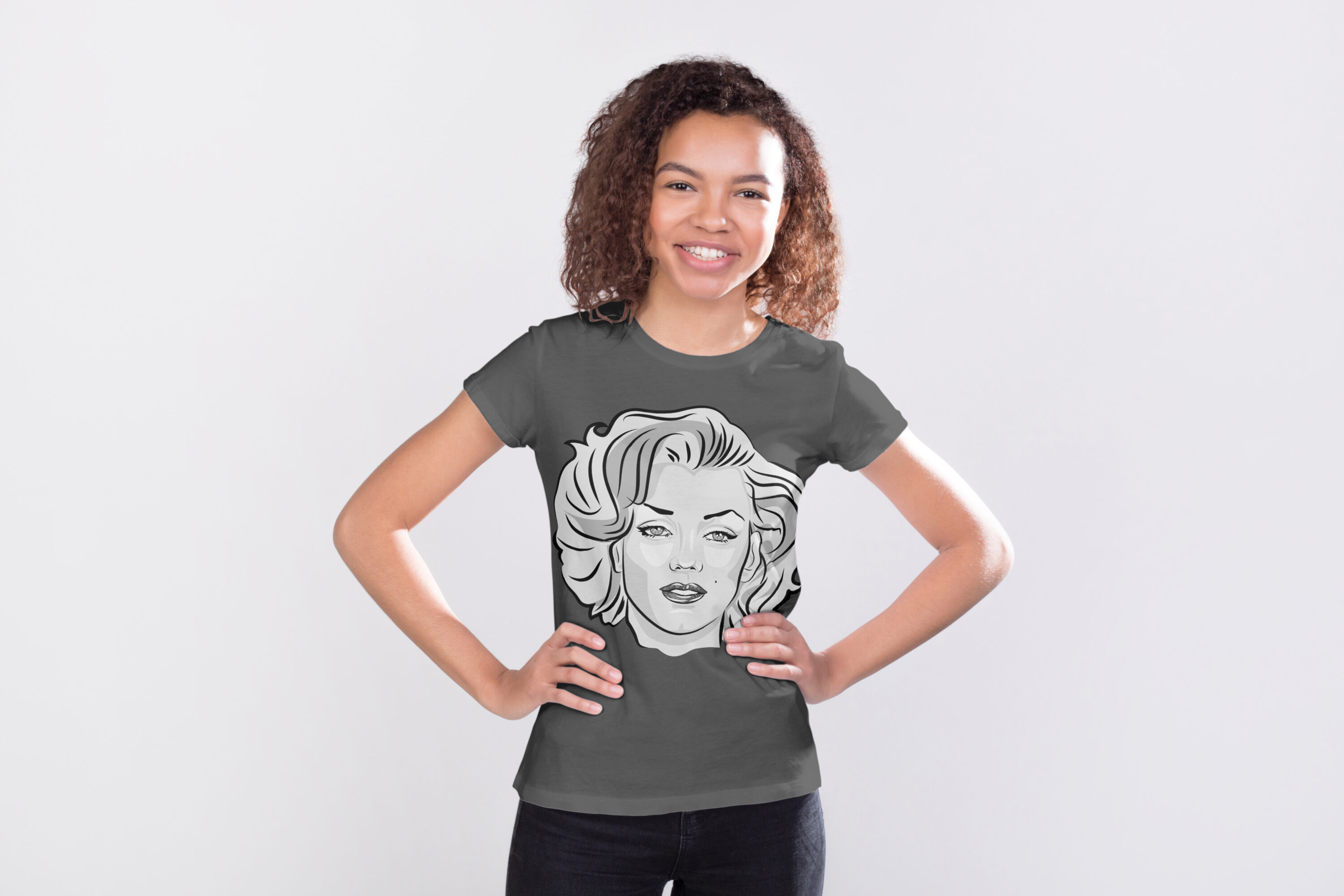 T-shirt image with irresistible black and white Marilyn Monroe print.