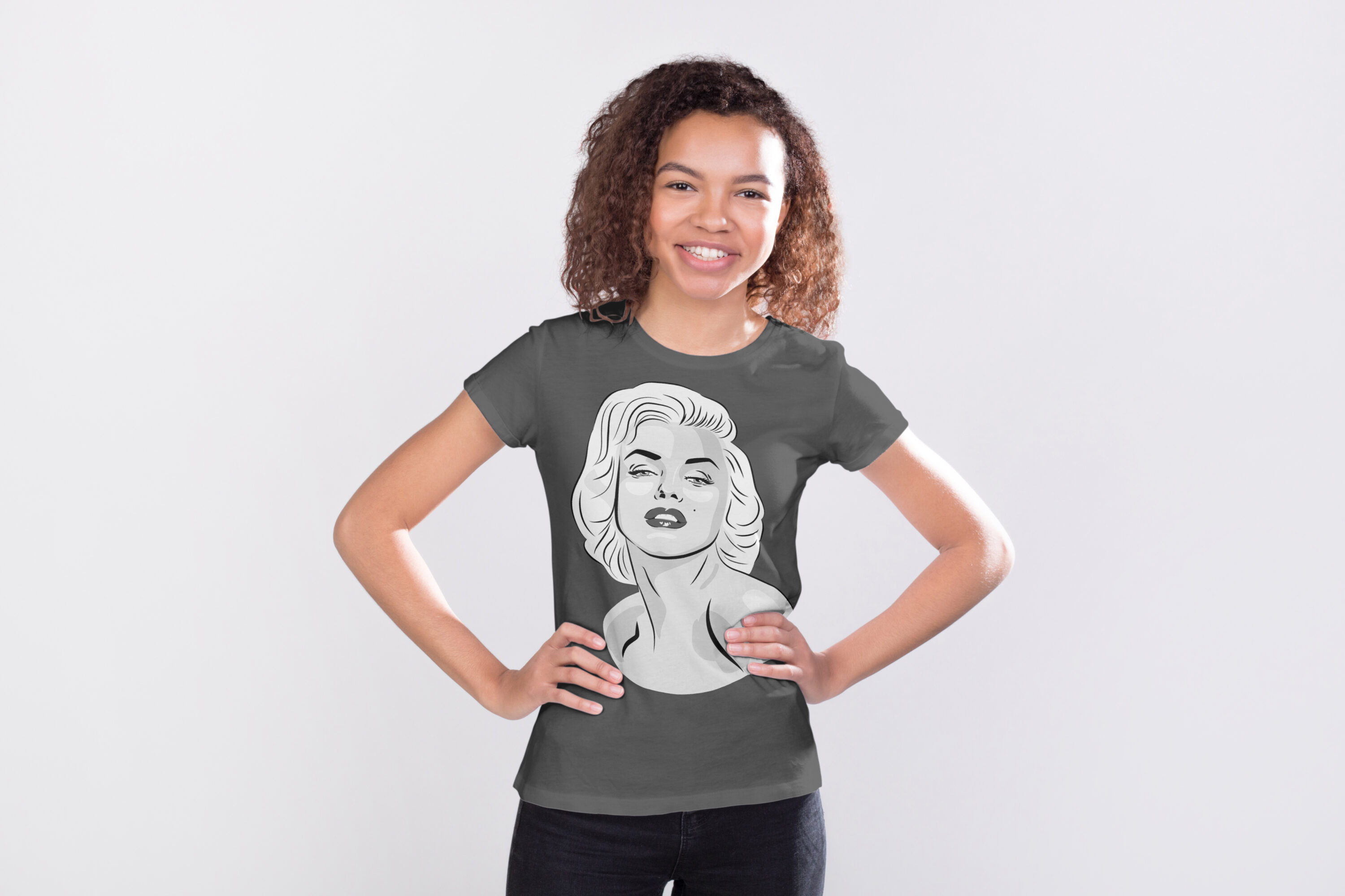 Image of t-shirt with amazing black and white print of Marilyn Monroe.