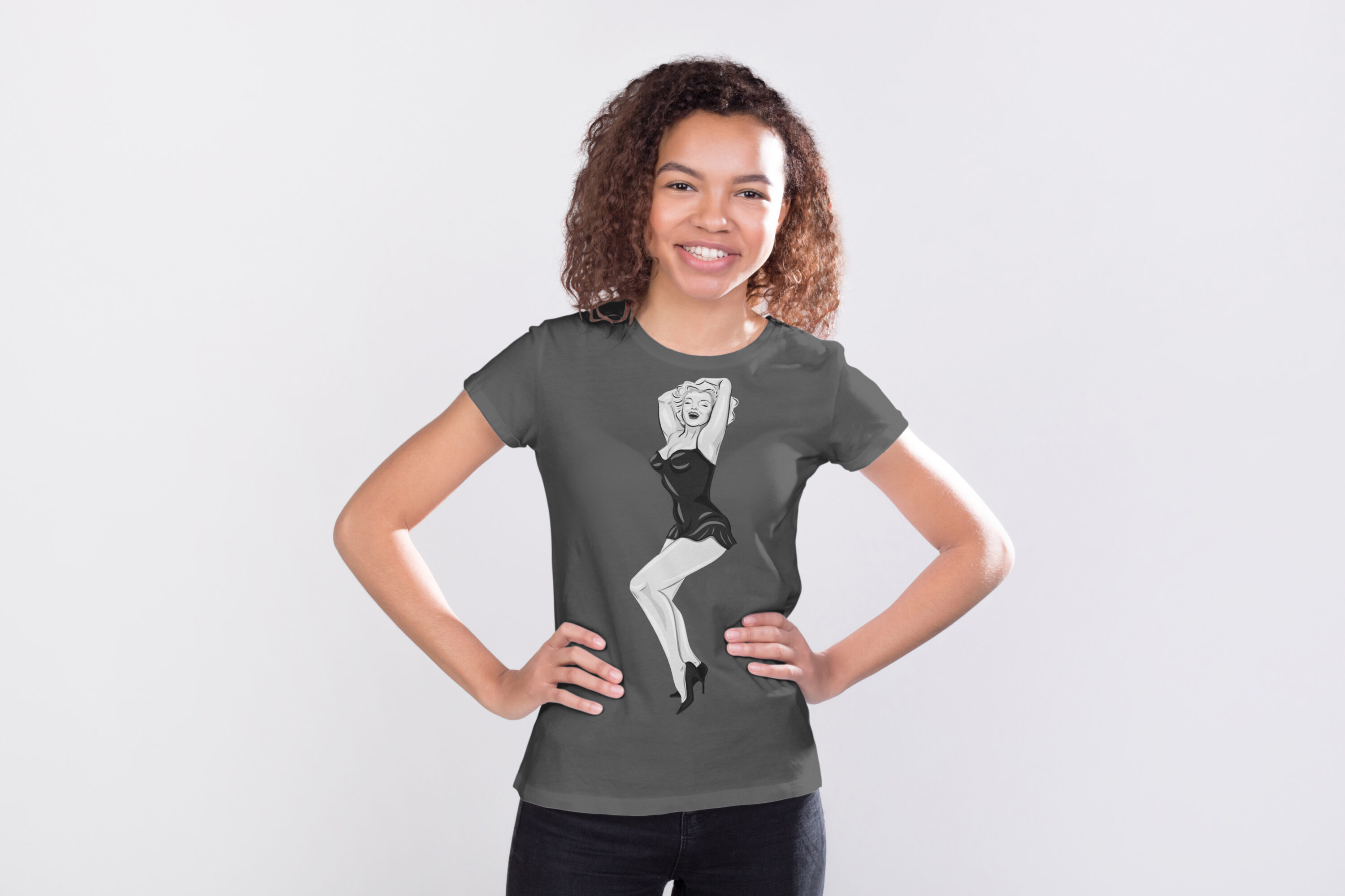 T-shirt image with exquisite black and white dancing Marilyn Monroe print.