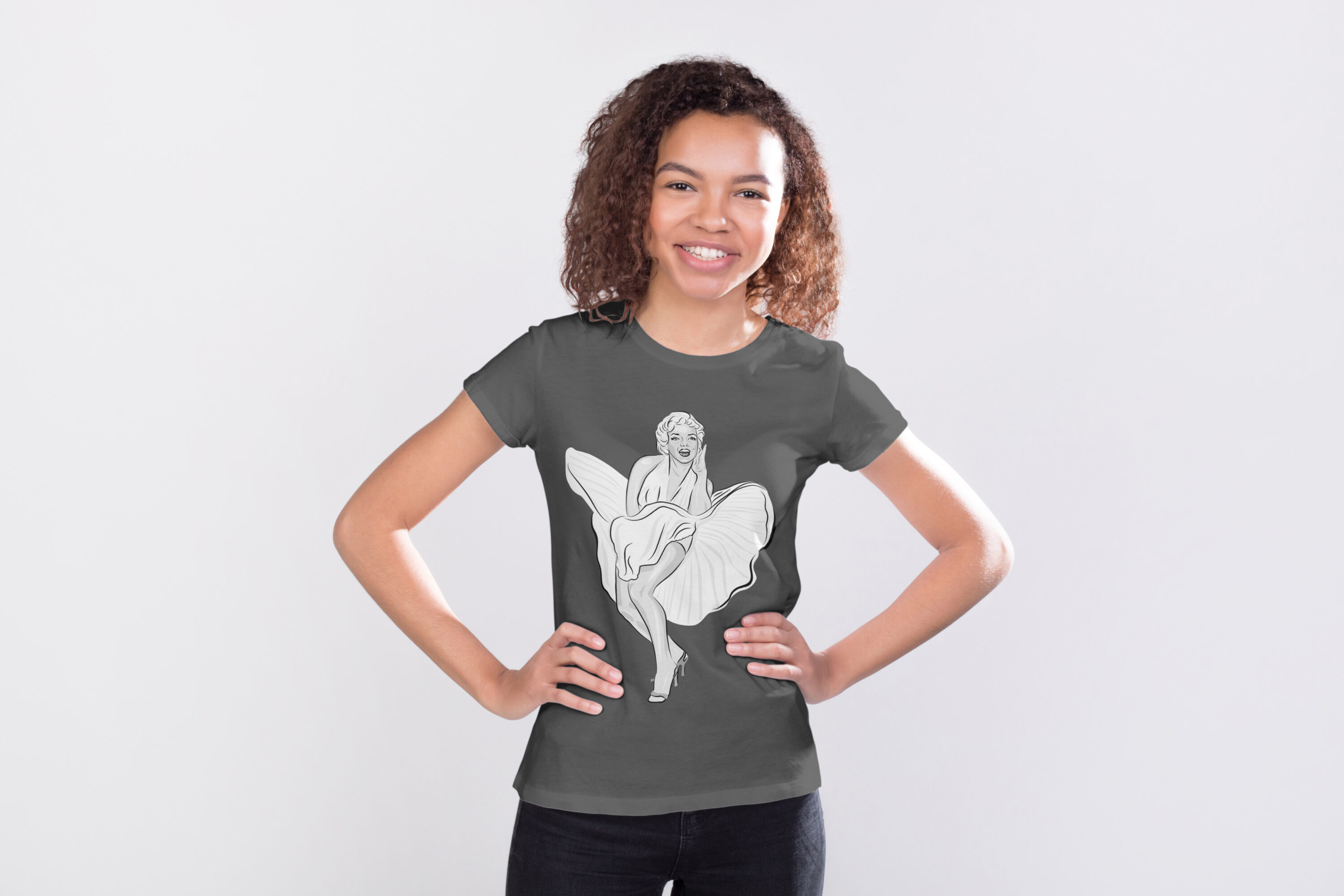 T-shirt image with cute black and white print Marilyn Monroe in dress.