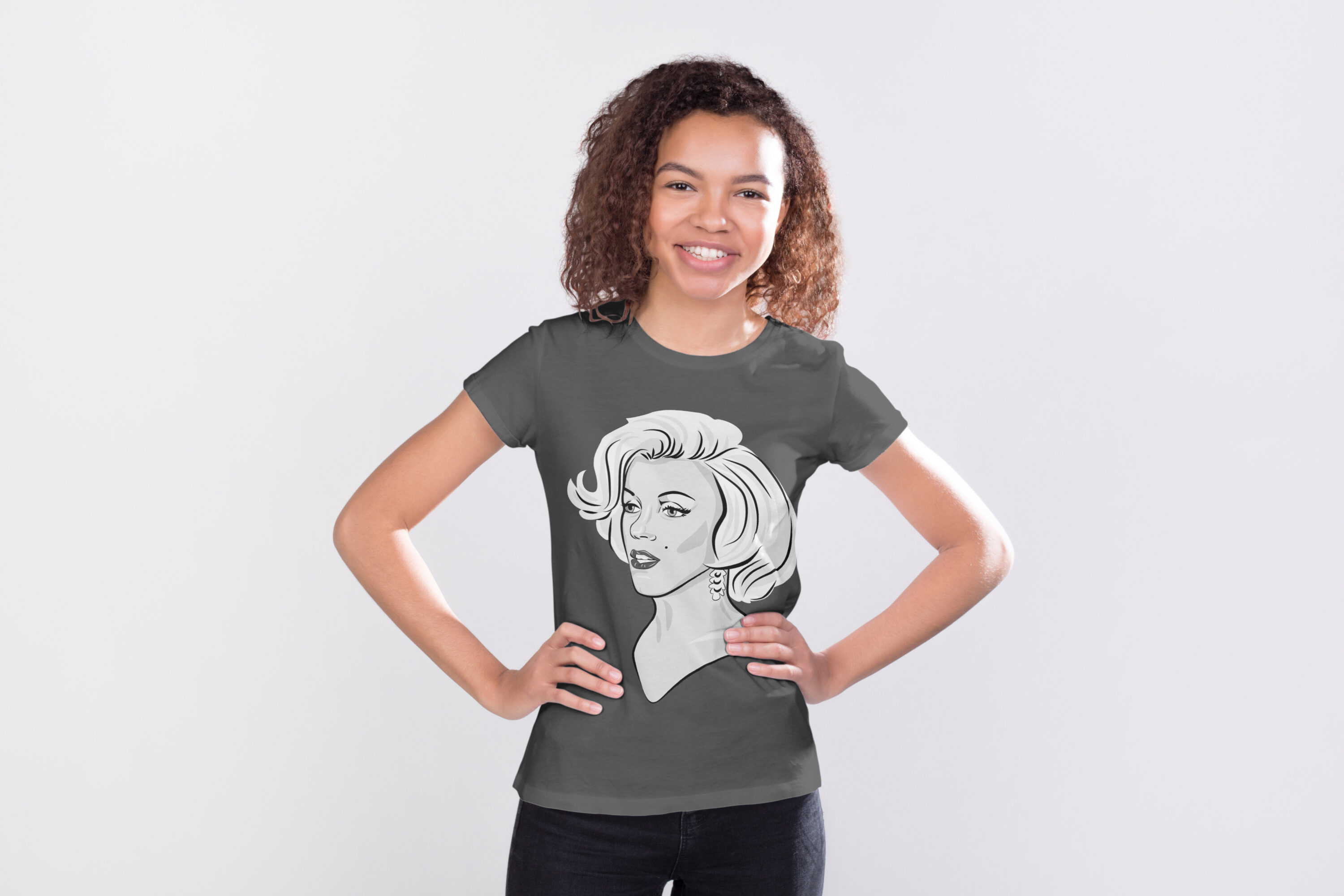 Image of a t-shirt with an adorable black and white print of Marilyn Monroe.