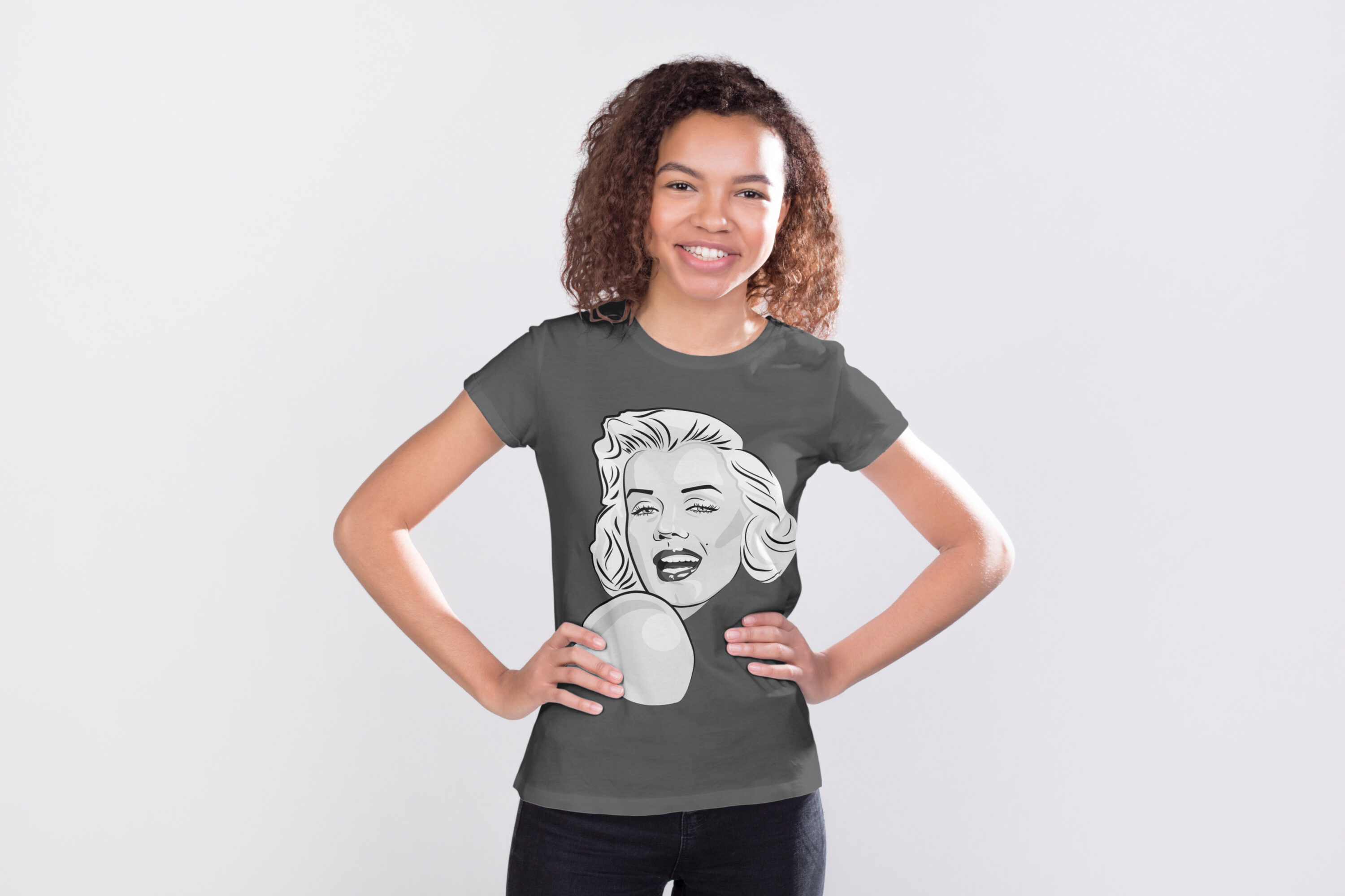 T-shirt image with unique black and white Marilyn Monroe print.