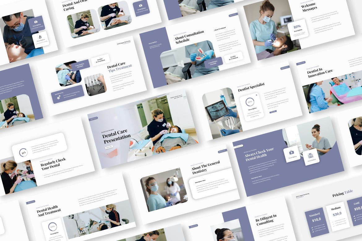 Bundle of images of irresistible presentation template slides on the topic of dentistry.