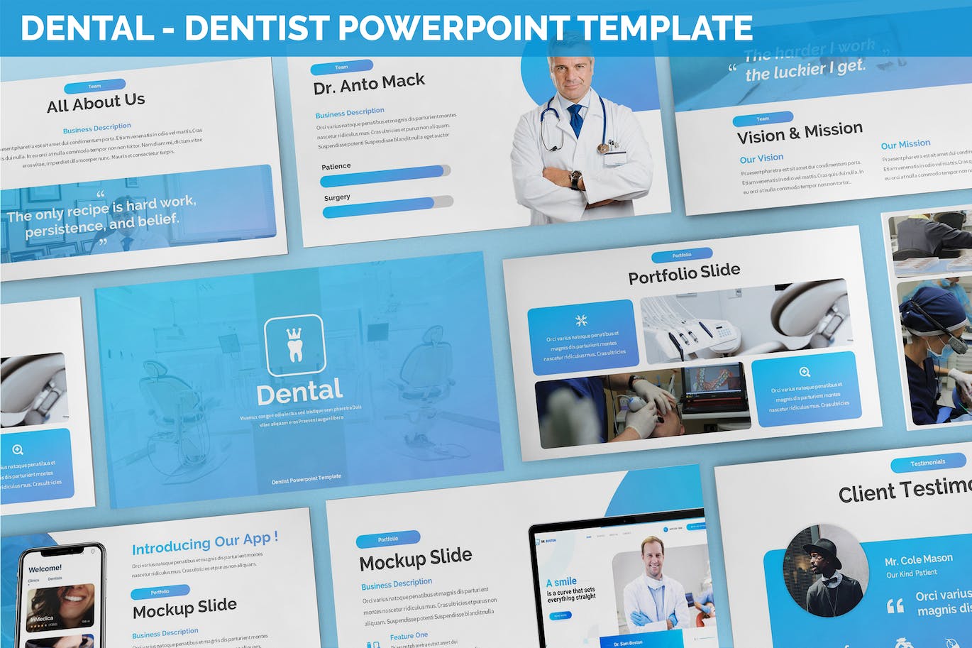 Bundle of images of adorable presentation template slides on the theme of dentistry.