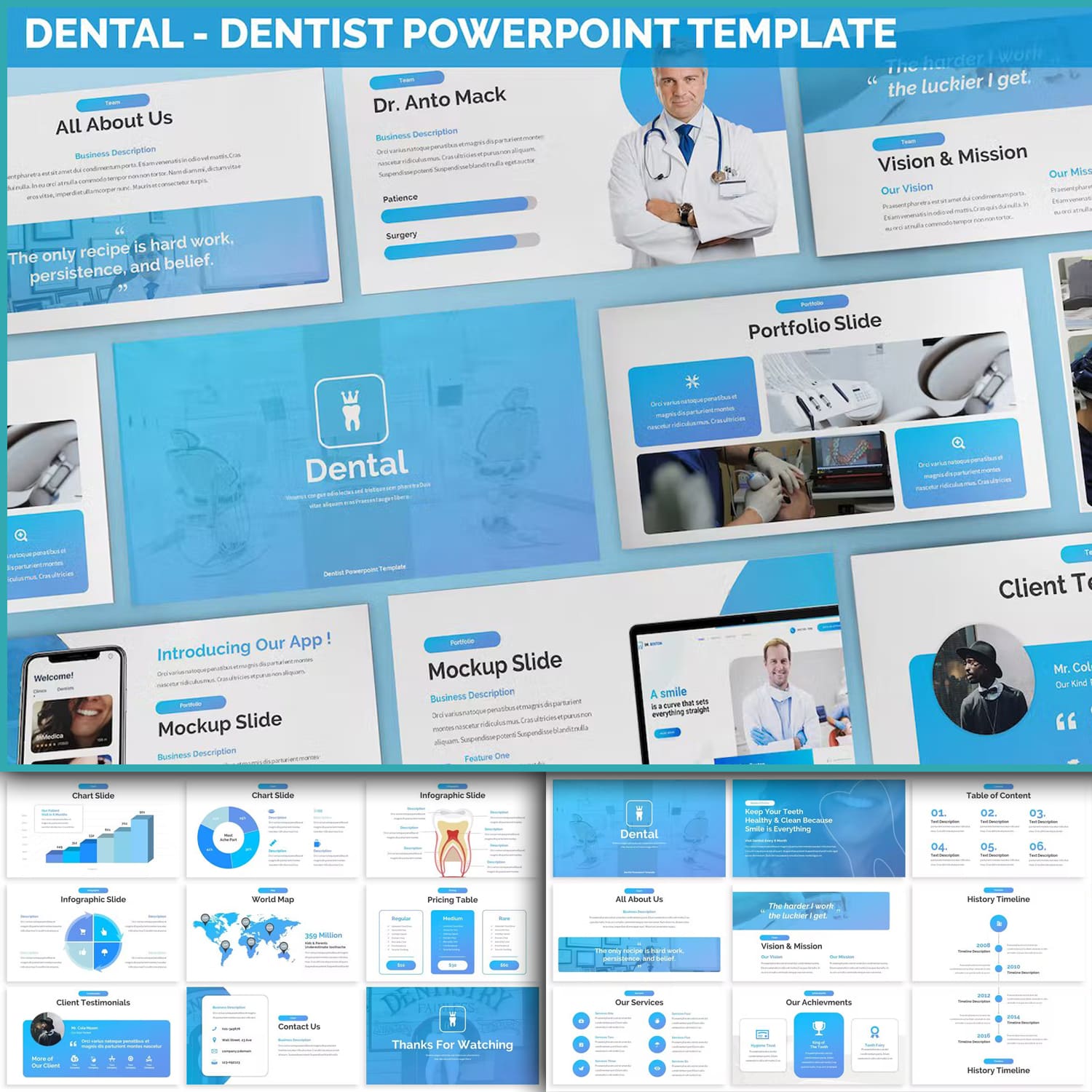 Pack of images of elegant presentation template slides on the theme of dentistry.