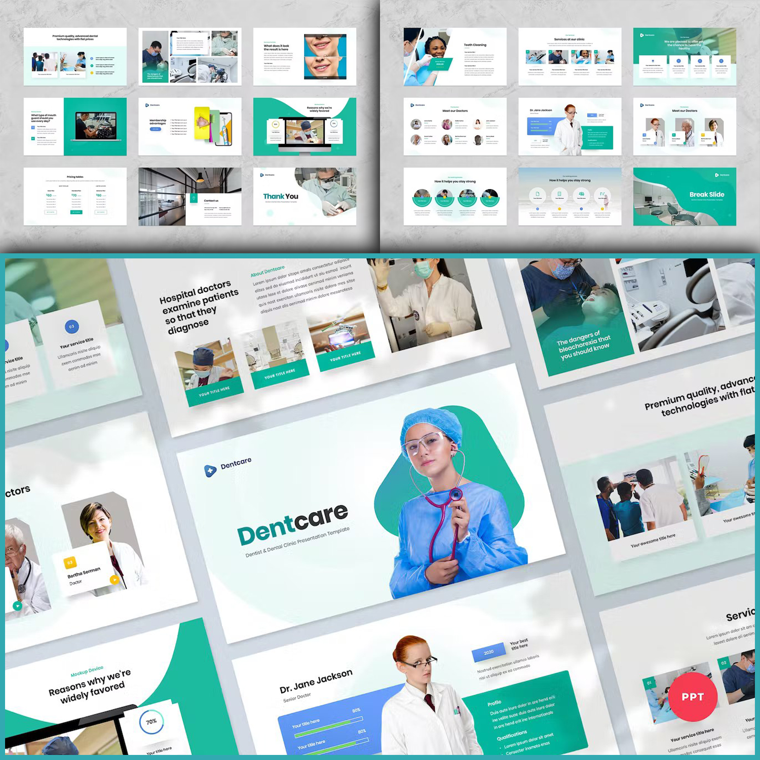 A collection of images of amazing presentation template slides on the theme of dentists.