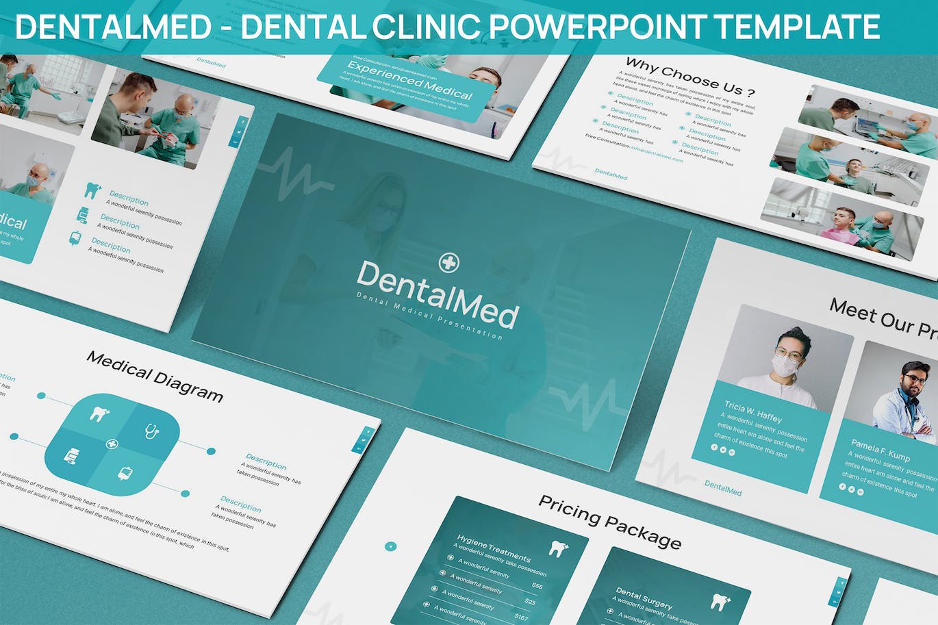 Pack of images of colorful presentation template slides on the topic of dentistry.