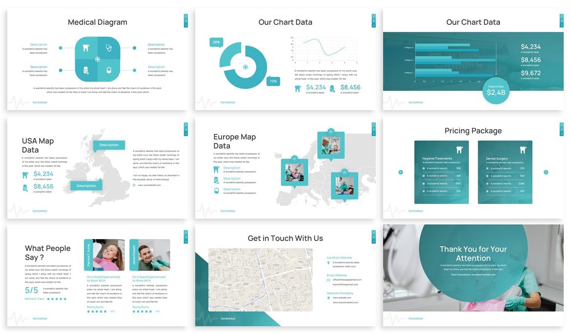 Collection of images of adorable presentation template slides on dentistry theme.
