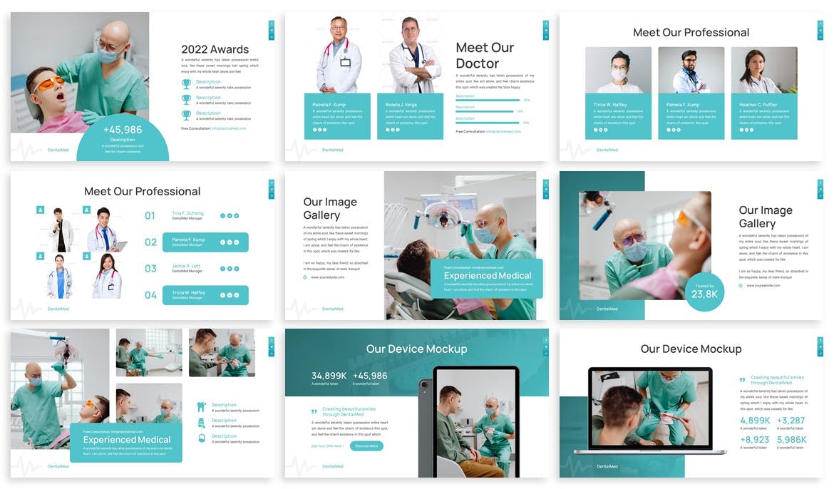 A selection of images of beautiful presentation template slides on the topic of dentistry.