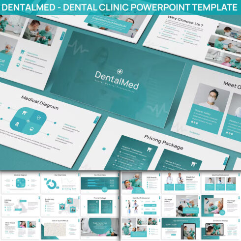 Bundle of images of irresistible presentation template slides on the topic of dentistry.