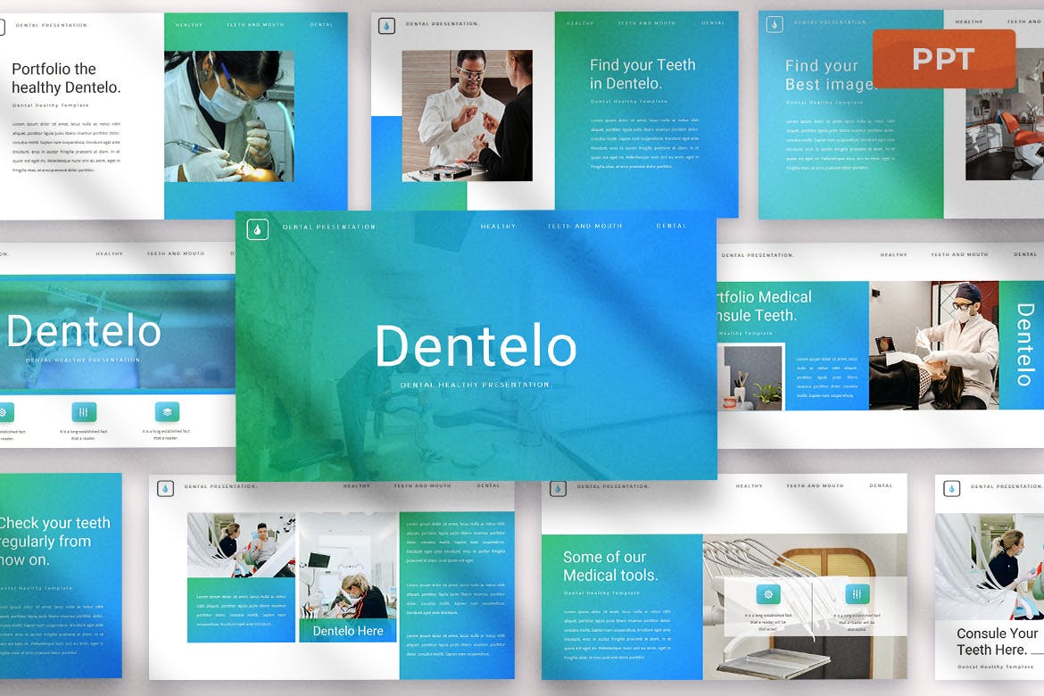 Pack of images of colorful presentation template slides on the topic of dentistry.