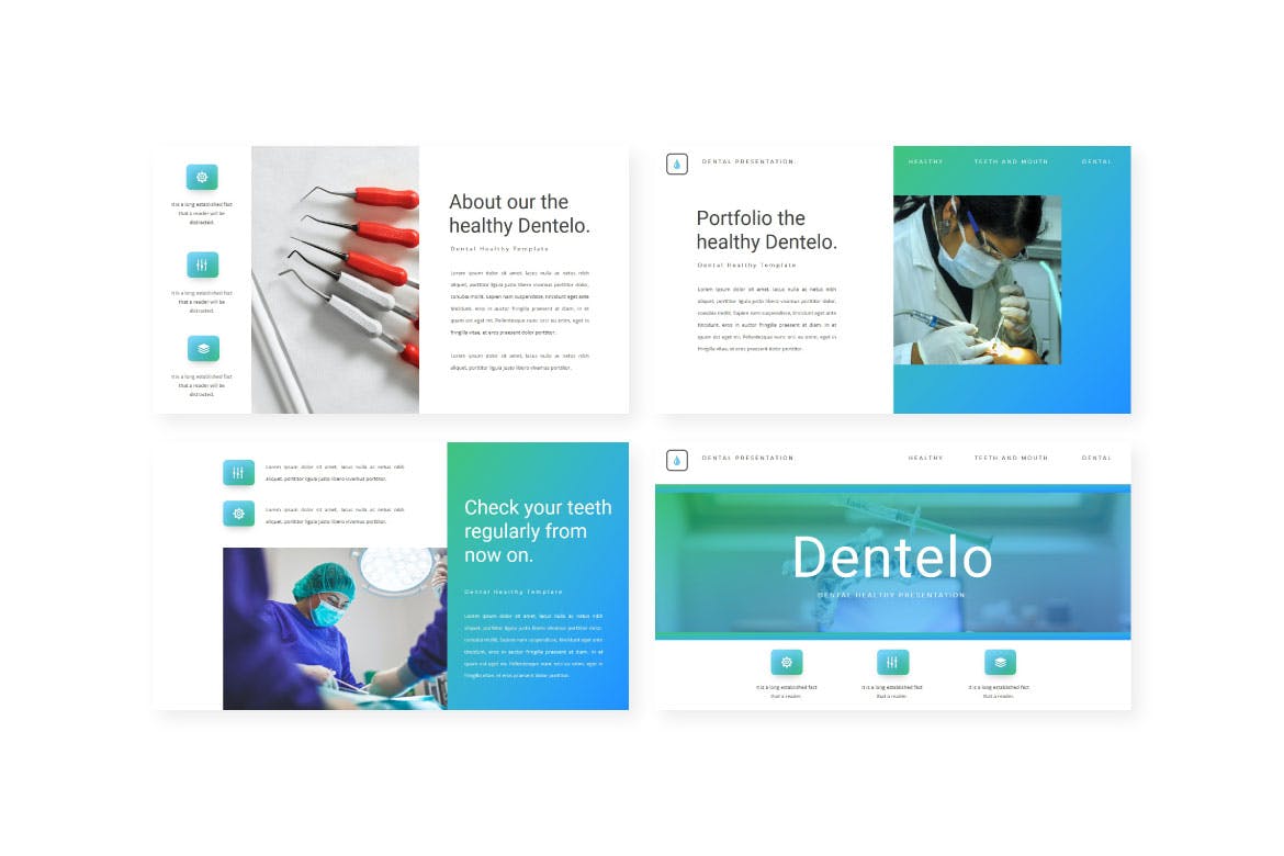 A set of images of gorgeous presentation template slides on the topic of dentistry.