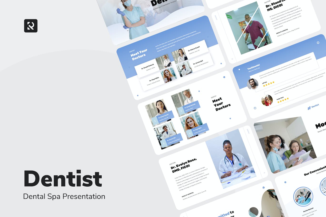 Collection of images of elegant presentation template slides on the topic of dentistry.