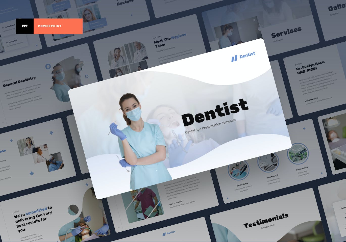 A pack of images of enchanting slides of a presentation template on the topic of dentistry.