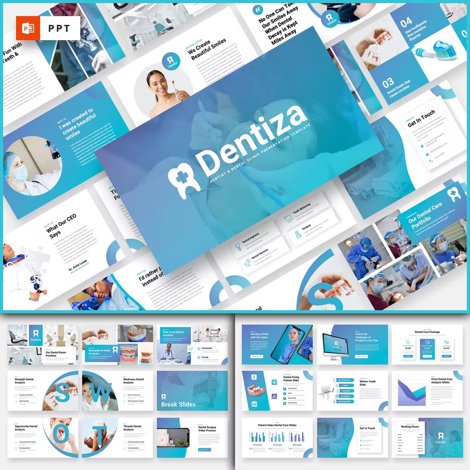 A set of images of amazing presentation template slides on the topic of dentistry.