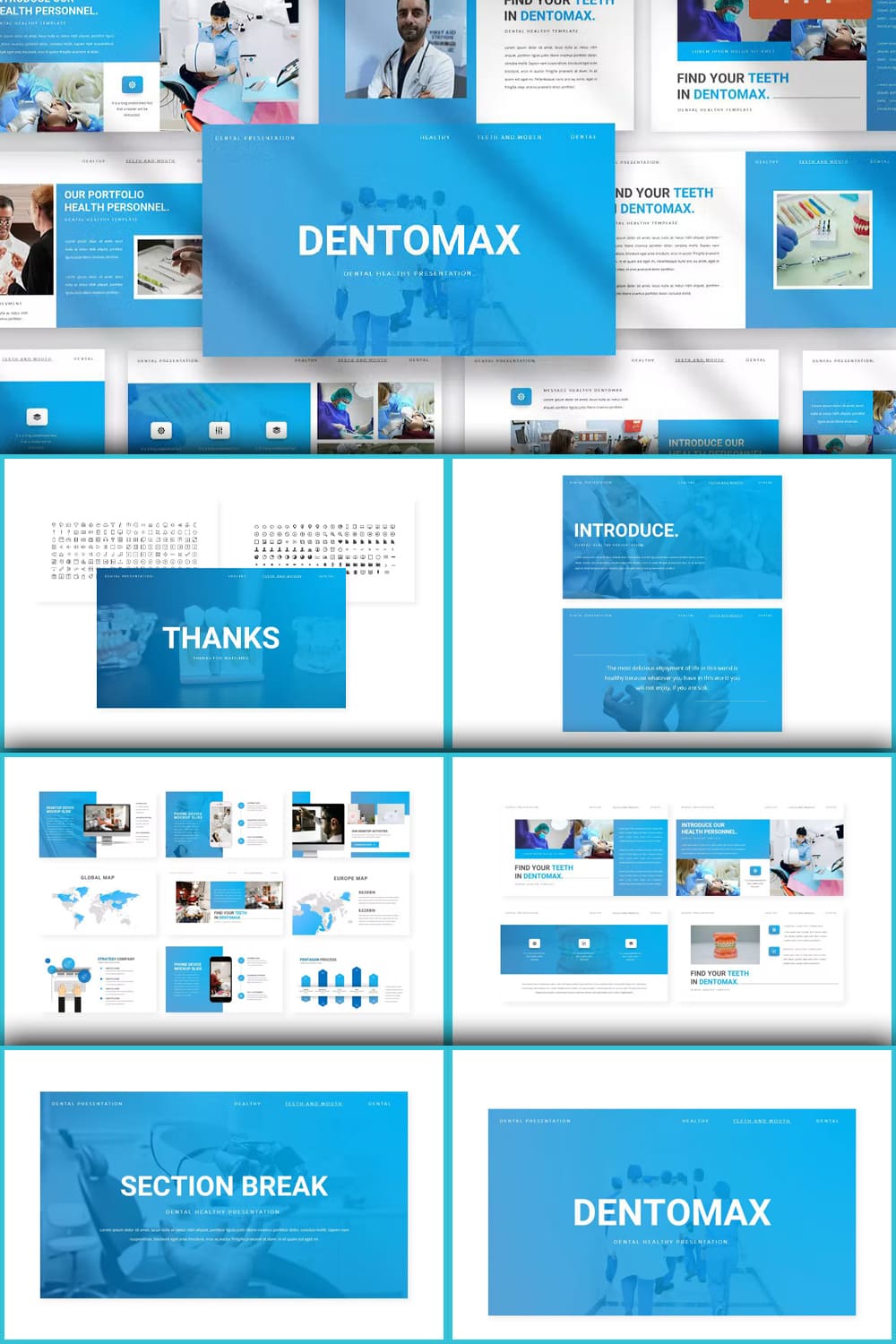 Pack of images of adorable presentation slides on the topic of dentistry.