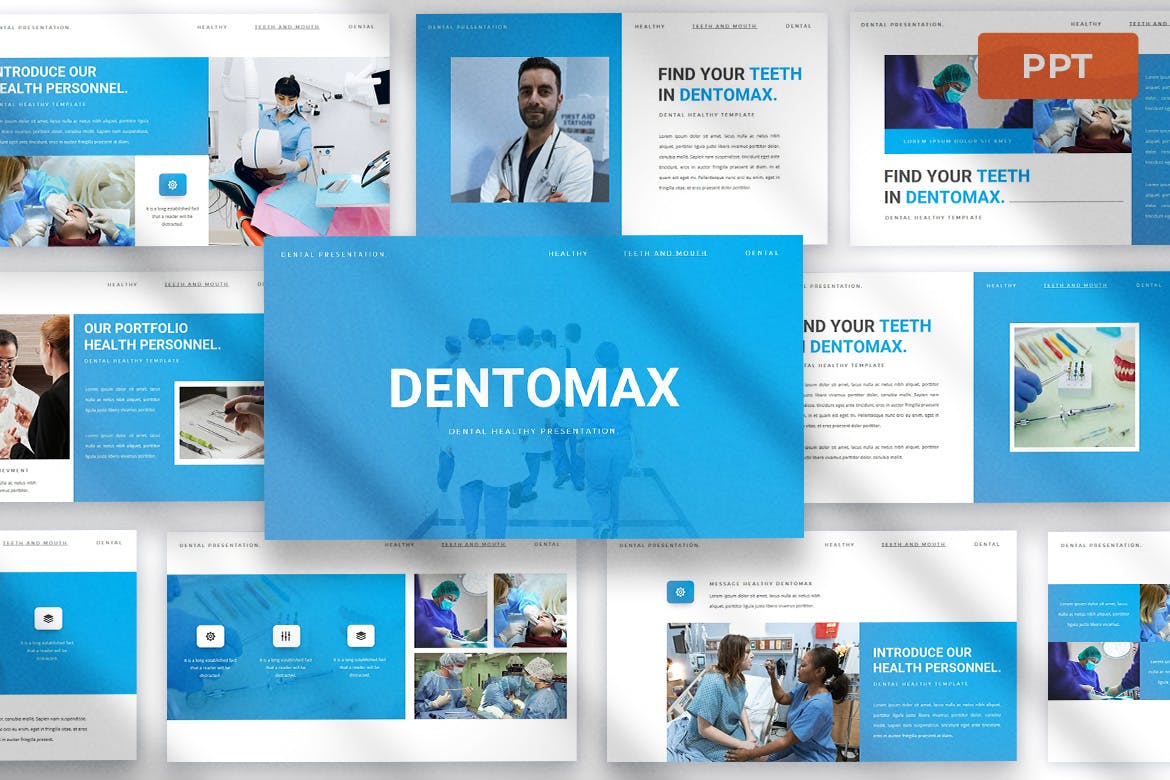 Collection of images of colorful presentation template slides on the topic of dentistry.