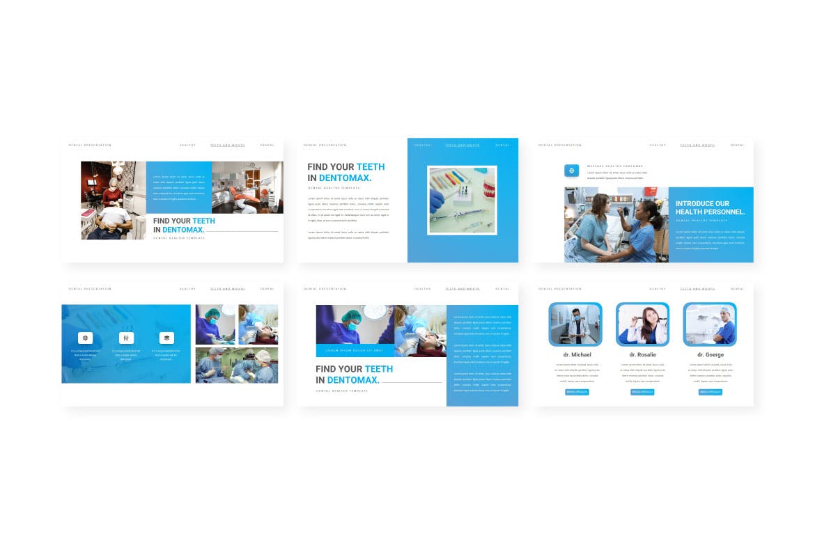 Set of images of beautiful presentation template slides on the topic of dentistry.