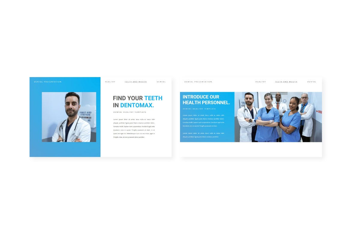 Set of images of beautiful presentation template slides on the topic of dentistry.