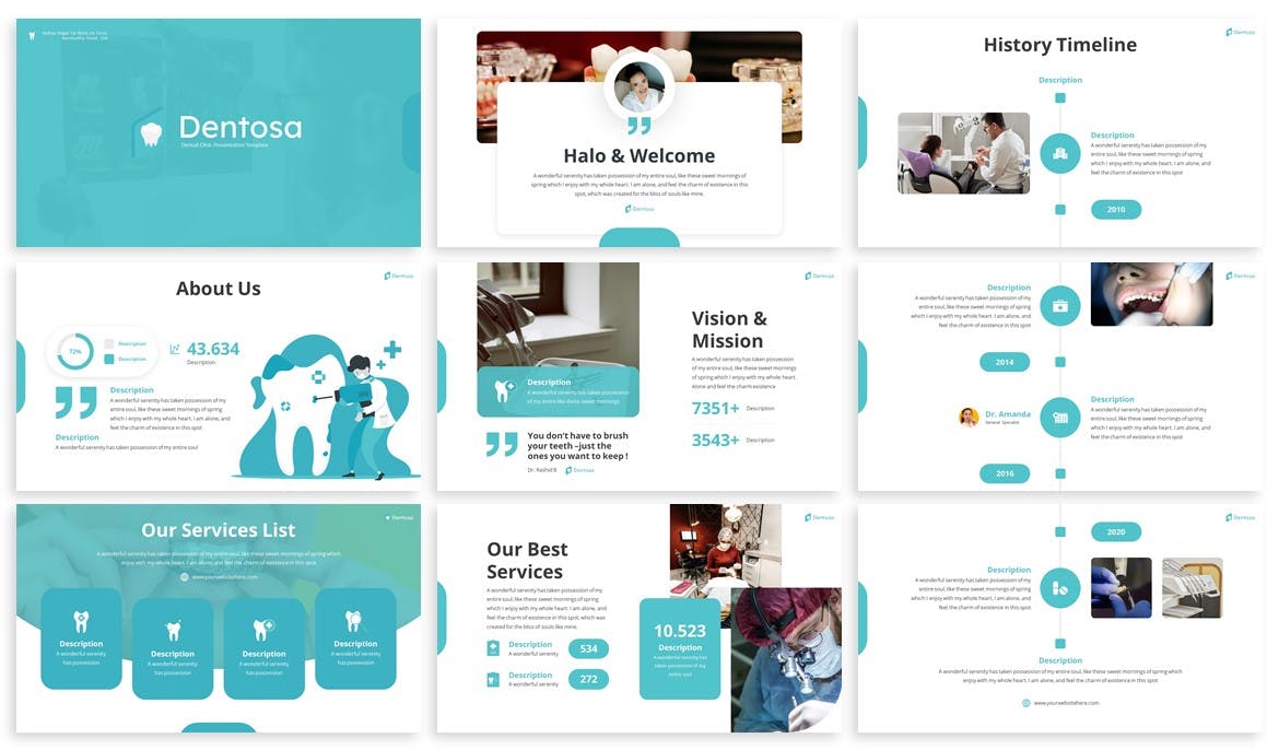 Bundle of images of gorgeous presentation template slides on the topic of dentistry.