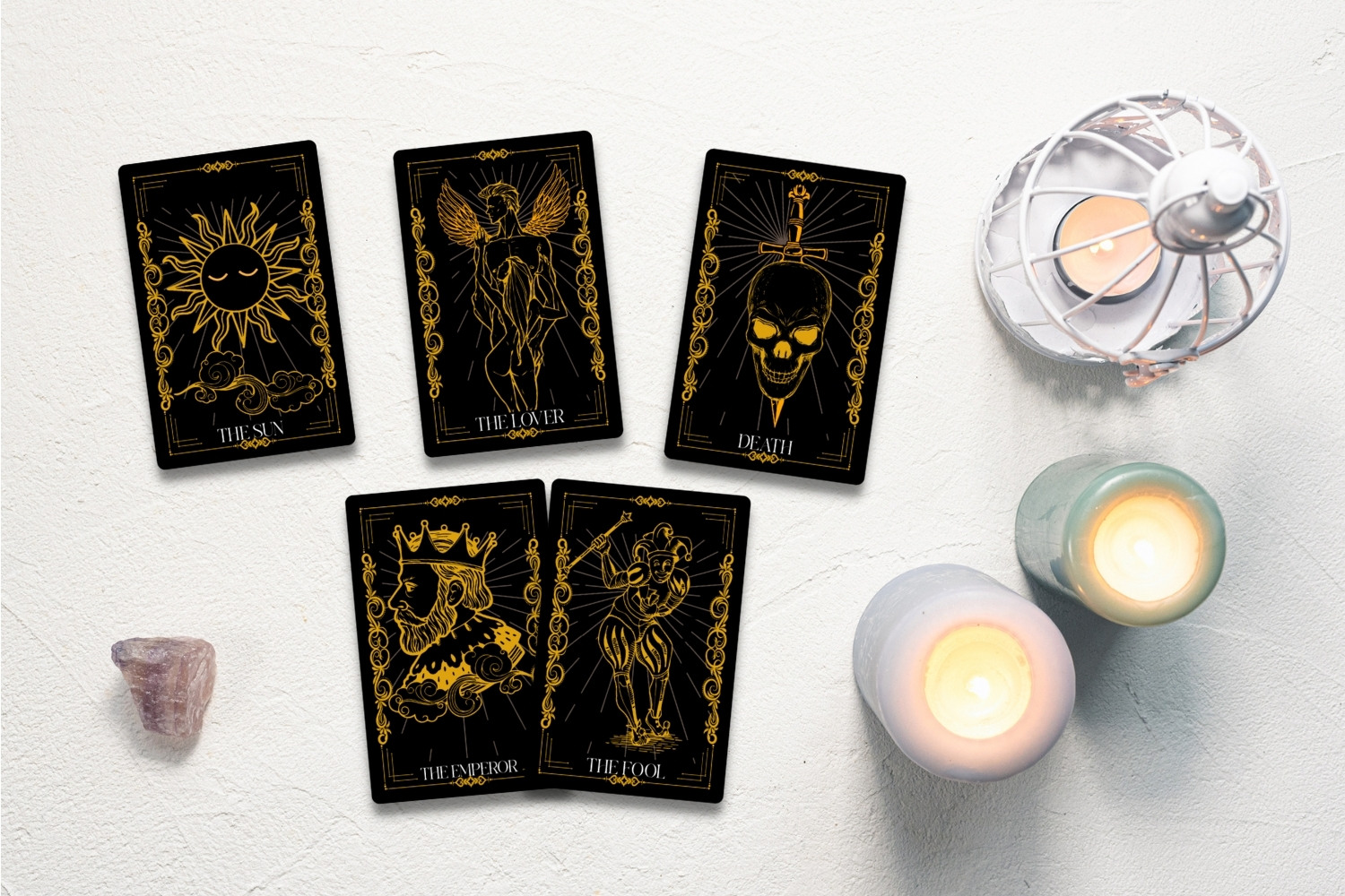 5 Gold & Black Tarot Cards Editable Vector, unique design.