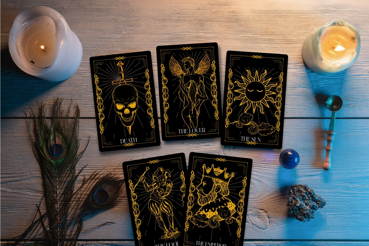5 Gold & Black Tarot Cards Editable Vector, cards on the table mockup.