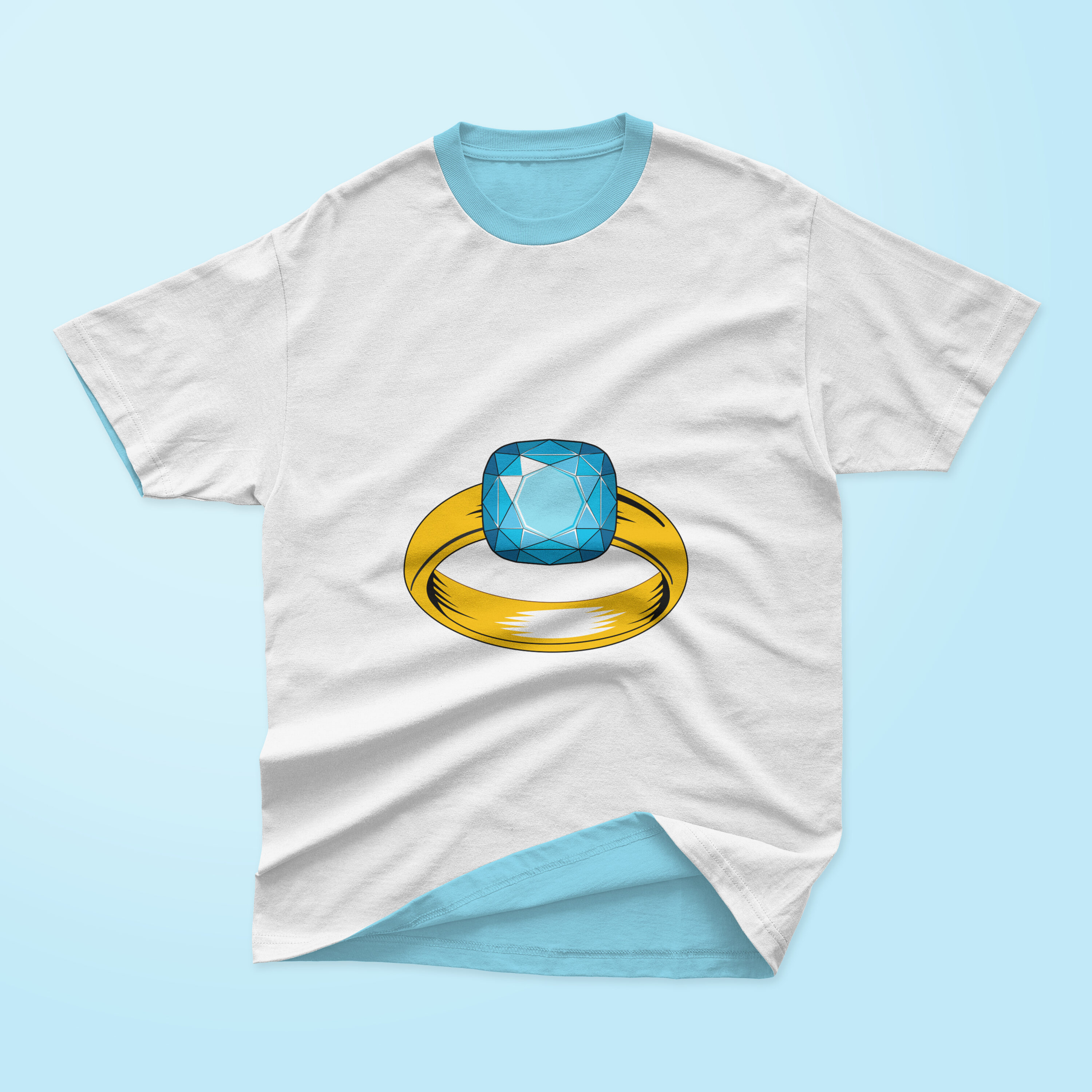 Image of t-shirt with colorful print of diamond engagement ring.