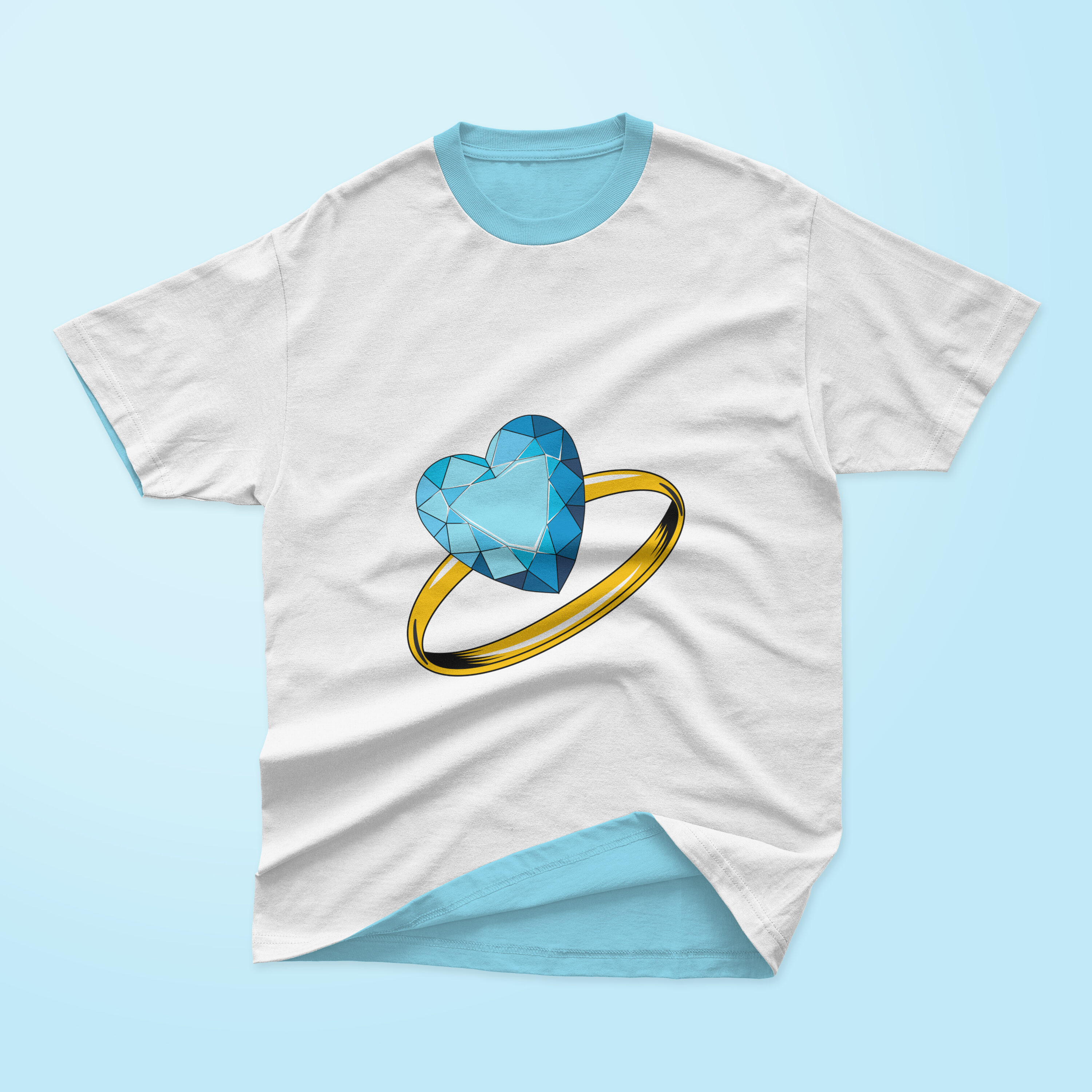 Image of cartoon print t-shirt with diamond engagement ring.