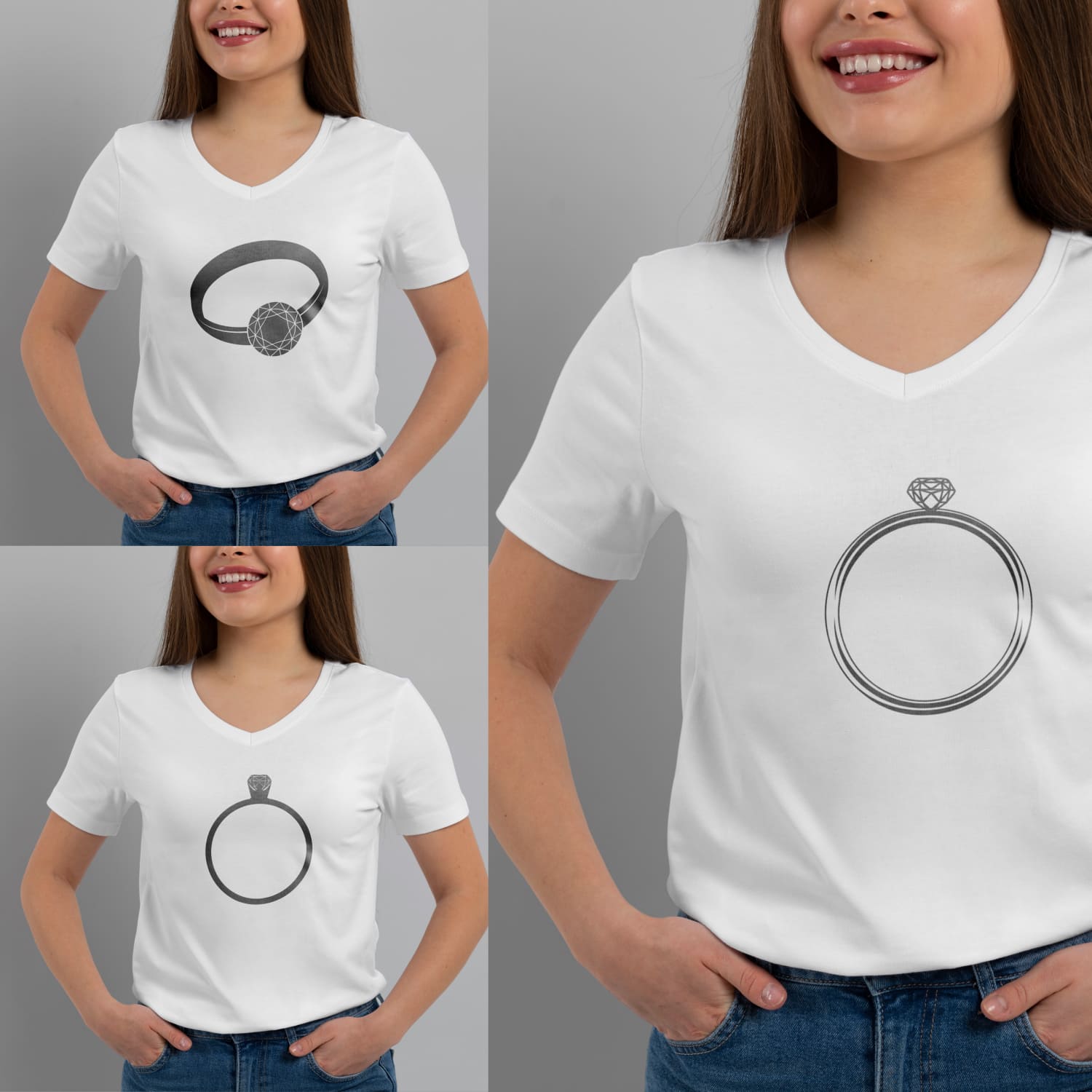 Set of T-shirt images with irresistible prints of a diamond ring.