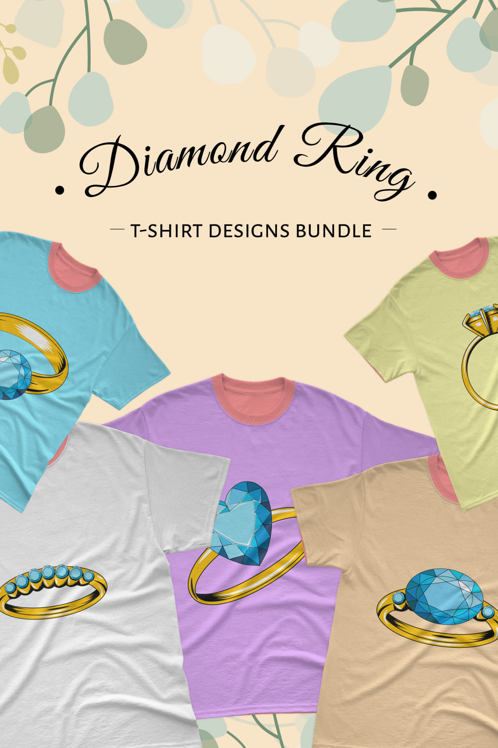 Set of T-shirt images with irresistible prints of a diamond ring.