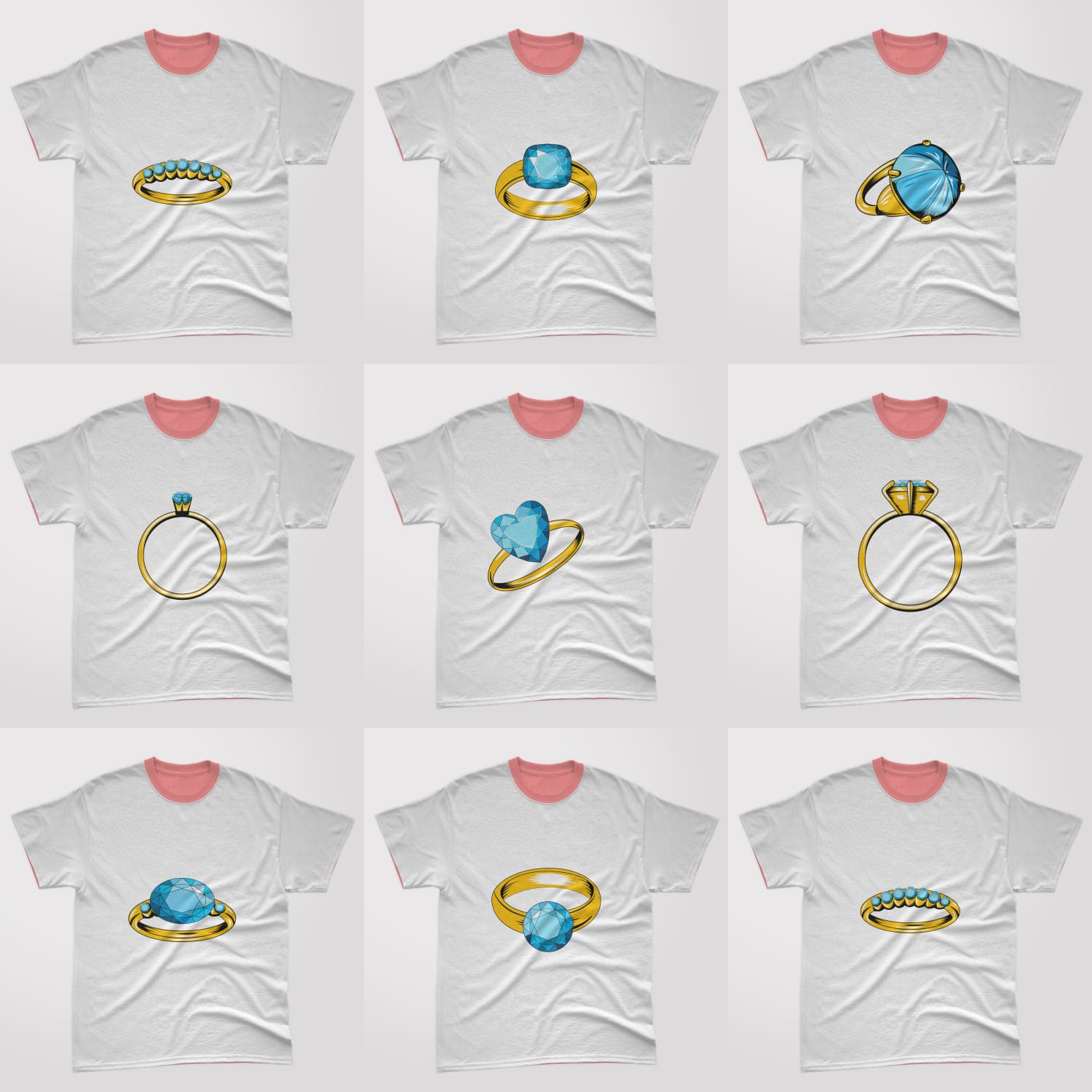 Bundle of t-shirt images with adorable diamond ring prints.