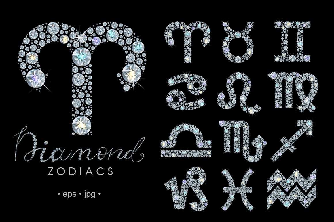 White lettering "Diamond Zodiac" and a set of different zodiac sign from diamonds on a black background.