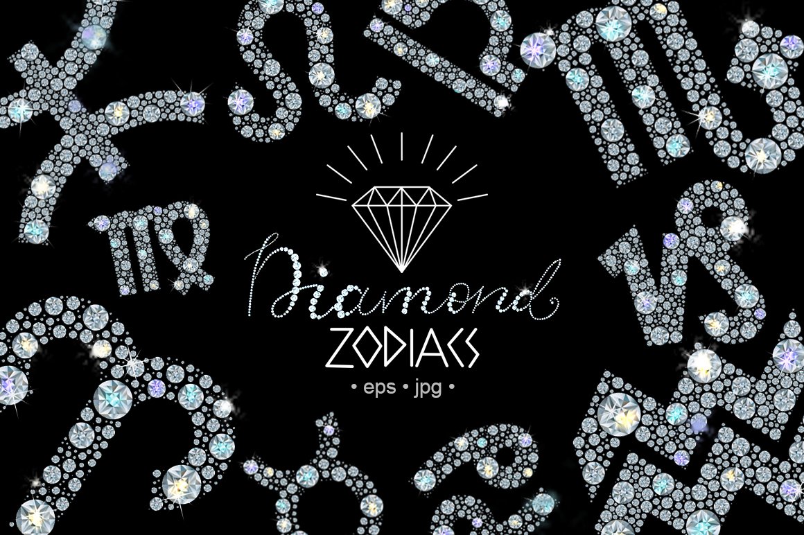 White lettering "Diamond Zodiac", a set of different zodiac sign from diamonds, and a diamond on a black background.