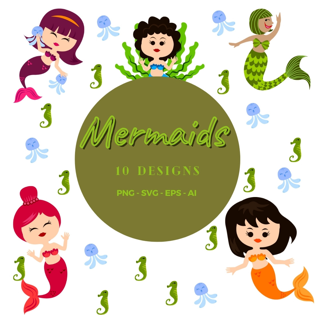 Mermaids Editable Clipart Set cover image.