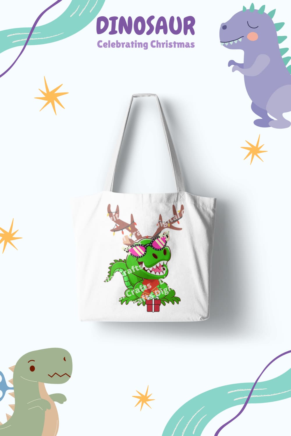 Image of a white bag with an adorable print of a dinosaur with glasses and deer antlers.