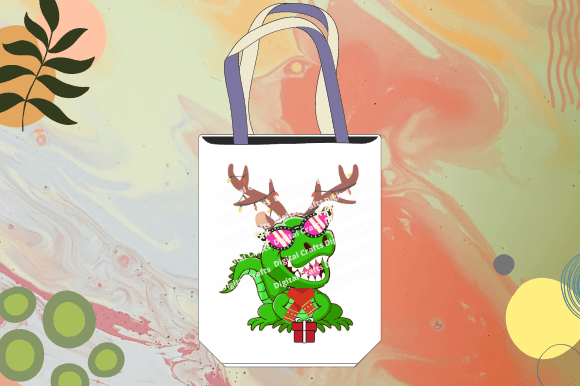 Image of a white bag with a colorful print of a dinosaur with glasses and deer antlers.