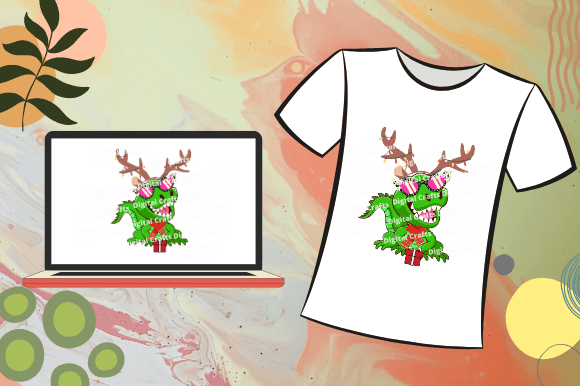 Image of laptop and t-shirt with enchanting picture of dinosaur celebrating christmas.