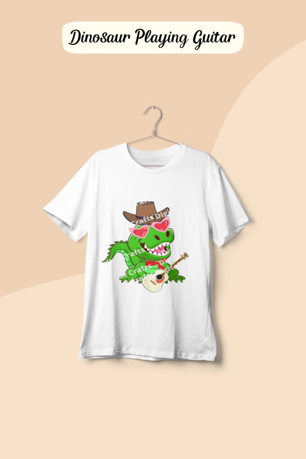 Image of a white t-shirt with an adorable print of a dinosaur wearing a cowboy hat and with a guitar.