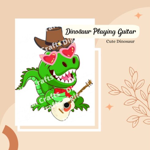 Gorgeous image of a dinosaur in a cowboy hat and with a guitar.