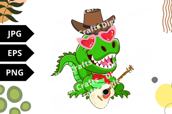 Wonderful image of a dinosaur in a cowboy hat and with a guitar.